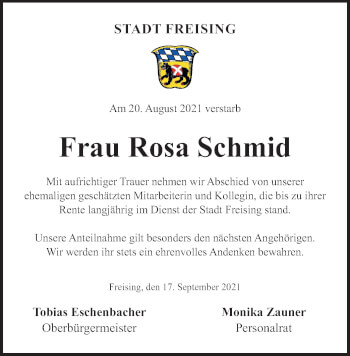 Todesanzeige von Rosa Schmid von merkurtz