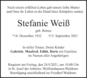 Todesanzeige von Stefanie Weiß von merkurtz