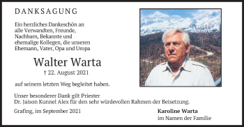 Todesanzeige von Walter Warta von merkurtz
