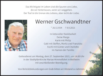 Todesanzeige von Werner Gschwandtner von merkurtz