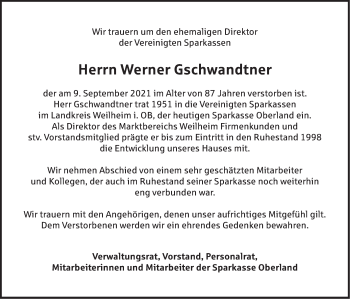 Todesanzeige von Werner Gschwandtner von merkurtz