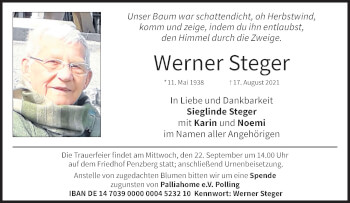 Todesanzeige von Werner Steger von Das Gelbe Blatt Penzberg