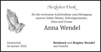 Todesanzeige von Anna Wendel von merkurtz