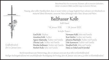 Todesanzeige von Balthasar Kolb von merkurtz