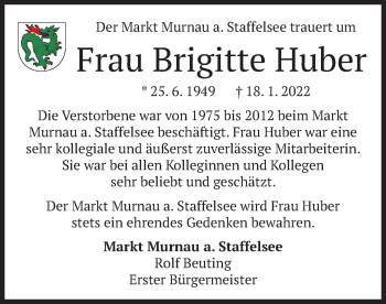 Todesanzeige von Brigitte Huber von merkurtz