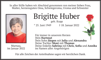 Todesanzeige von Brigitte Huber von merkurtz