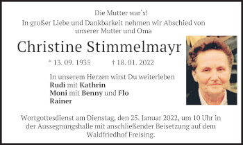 Todesanzeige von Christine Stimmelmayr von merkurtz