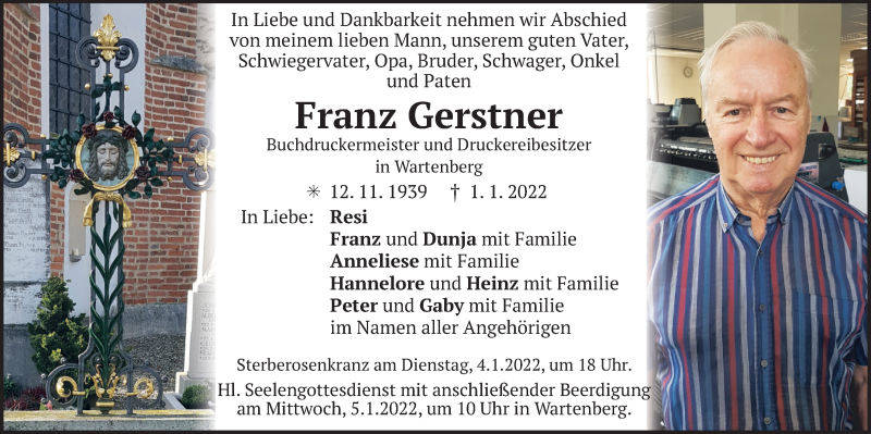  Traueranzeige für Franz Gerstner vom 03.01.2022 aus merkurtz