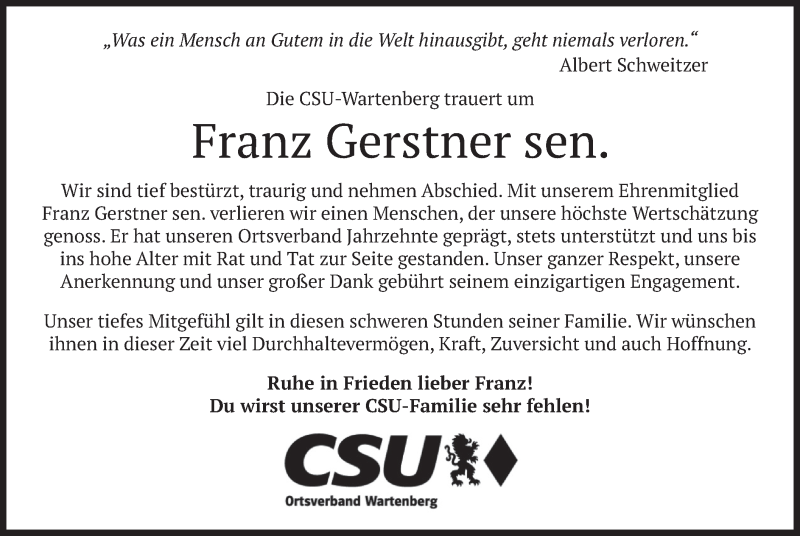  Traueranzeige für Franz Gerstner vom 04.01.2022 aus merkurtz