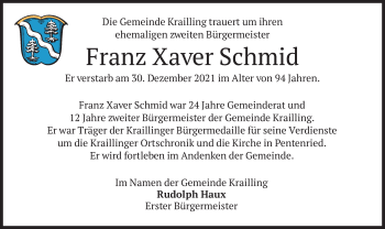Todesanzeige von Franz Xaver Schmid von merkurtz
