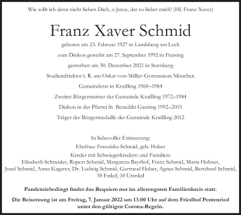 Todesanzeige von Franz Xaver Schmid von merkurtz