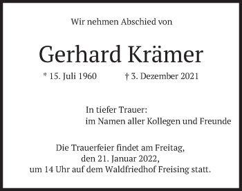 Todesanzeige von Gerhard Krämer von merkurtz