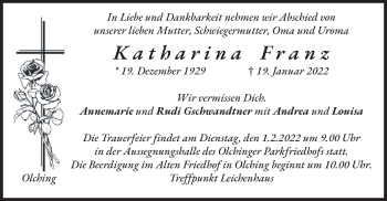 Todesanzeige von Katharina Franz von merkurtz