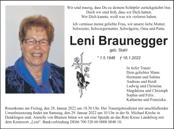 Todesanzeige von Leni Braunegger von merkurtz
