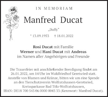 Todesanzeige von Manfred Ducat von merkurtz