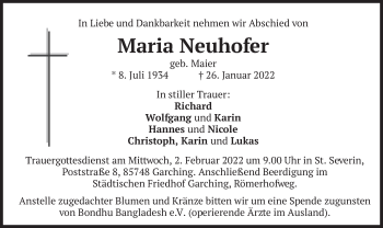 Todesanzeige von Maria Neuhofer von merkurtz
