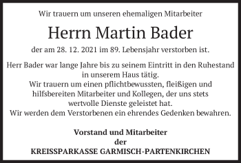Todesanzeige von Martin Bader von merkurtz