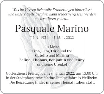 Todesanzeige von Pasquale Marino von merkurtz