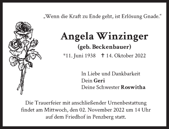 Todesanzeige von Angela Winzinger von Das Gelbe Blatt Penzberg