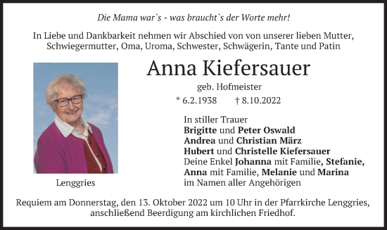 Todesanzeige von Anna Kiefersauer von merkurtz