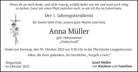 Todesanzeige von Anna Müller von merkurtz