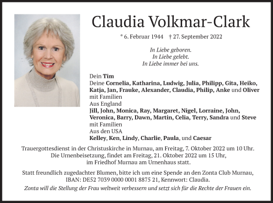 Todesanzeige von Claudia Volkmar-Clark von merkurtz