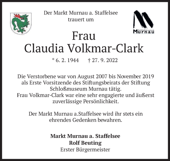 Todesanzeige von Claudia Volkmar-Clark von merkurtz