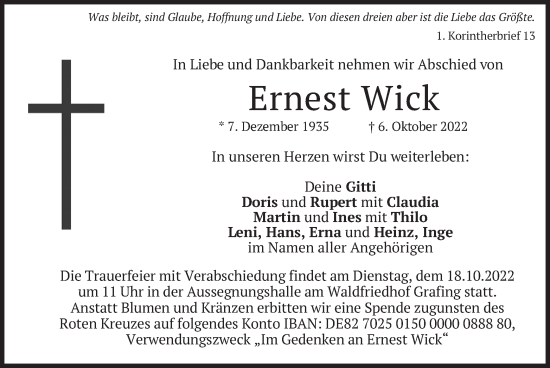 Todesanzeige von Ernest Wick von merkurtz