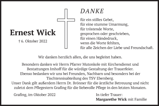 Todesanzeige von Ernest Wick von merkurtz