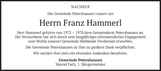 Todesanzeige von Franz Hammerl von merkurtz