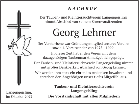 Todesanzeige von Georg Lehmer von merkurtz