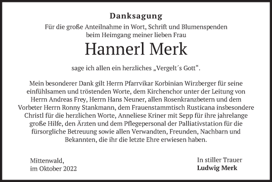 Todesanzeige von Hannerl Merk von merkurtz