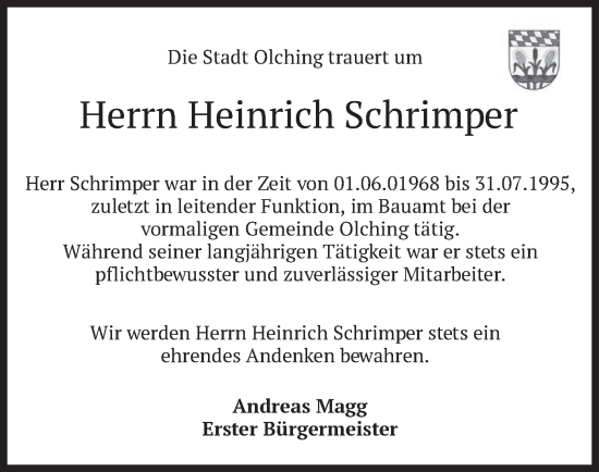 Todesanzeige von Heinrich Schrimper von merkurtz