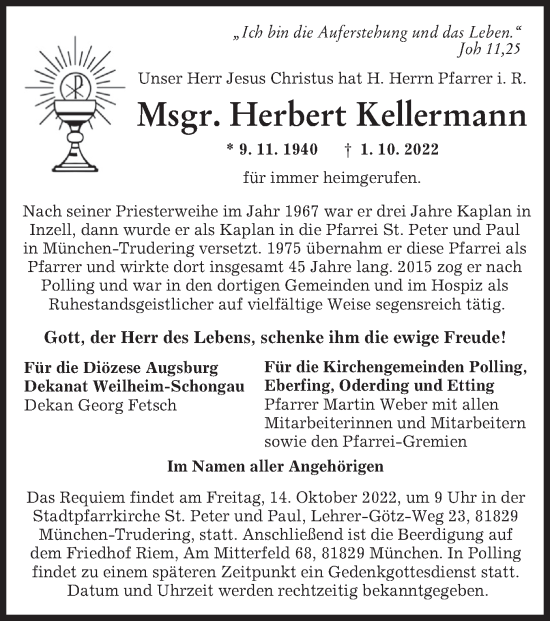 Todesanzeige von Herbert Kellermann von merkurtz