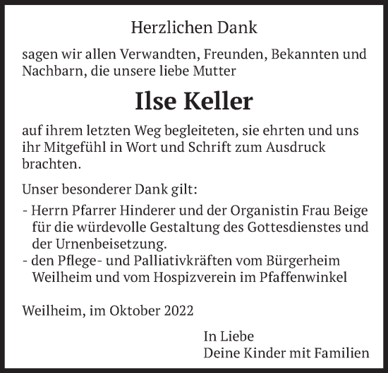 Todesanzeige von Ilse Keller von merkurtz