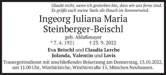 Todesanzeige von Ingeorg Juliana Maria Steinberger-Beischl von merkurtz