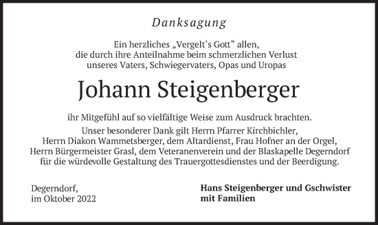 Todesanzeige von Johann Steigenberger von merkurtz