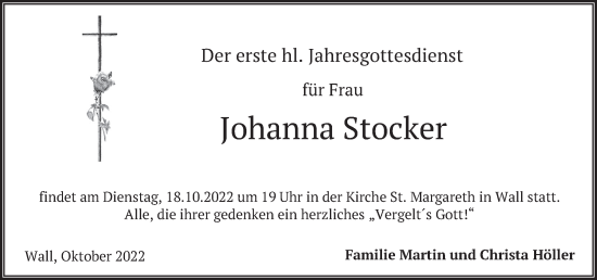 Todesanzeige von Johanna Stocker von merkurtz