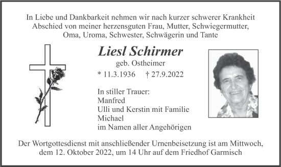 Todesanzeige von Liesl Schirmer von merkurtz