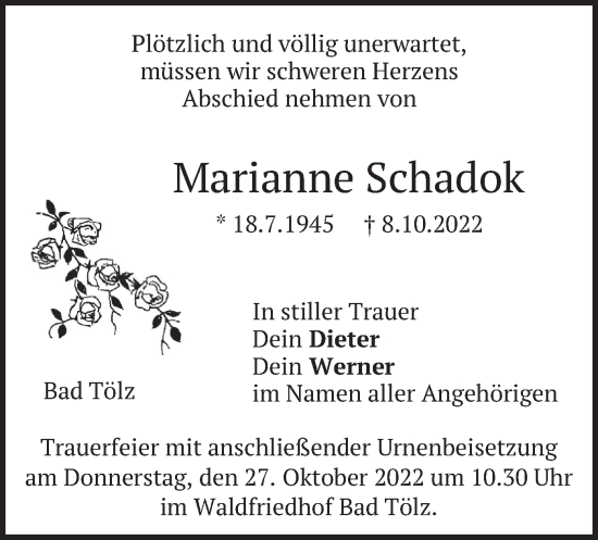 Todesanzeige von Marianne Schadok von merkurtz