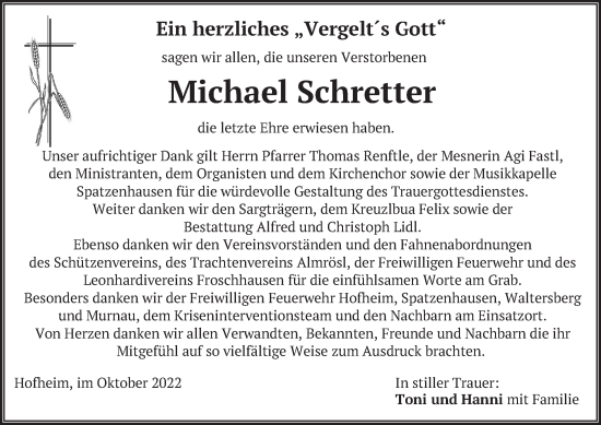 Todesanzeige von Michael Schretter von merkurtz