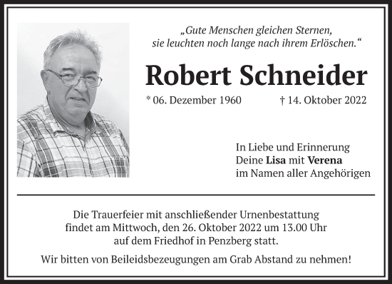 Todesanzeige von Robert Schneider von Das Gelbe Blatt Penzberg
