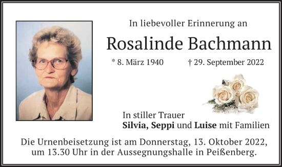 Todesanzeige von Rosalinde Bachmann von merkurtz
