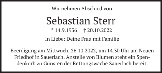Todesanzeige von Sebastian Sterr von merkurtz