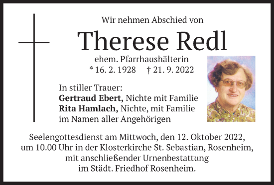 Todesanzeige von Therese Redl von merkurtz