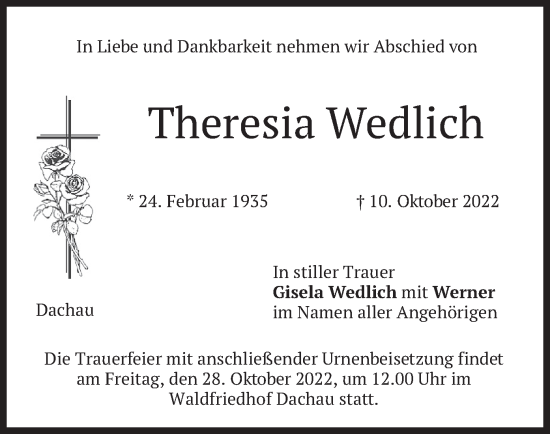 Todesanzeige von Theresia Wedlich von merkurtz