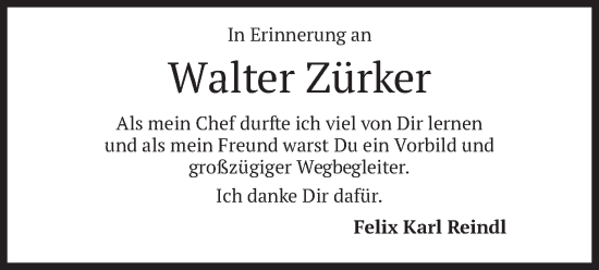 Todesanzeige von Walter Zürker von merkurtz