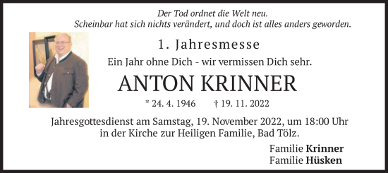 Todesanzeige von Anton Krinner von merkurtz