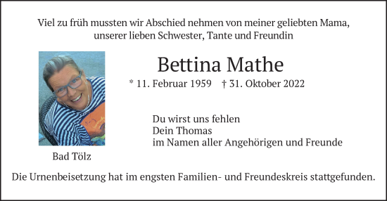 Todesanzeige von Bettina Mathe von merkurtz