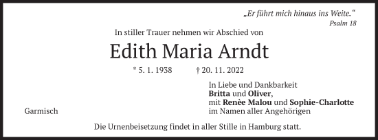 Todesanzeige von Edith Maria Arndt von merkurtz